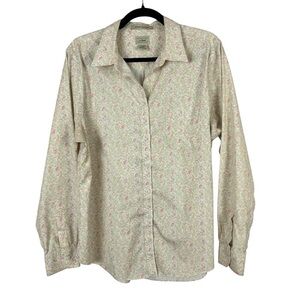 LL Bean Cream and Pink Floral Casual Button Down Shirt Size Large